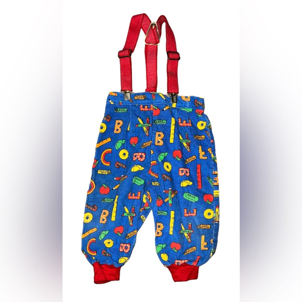 Blue Kids Alphabet Print Pants with Red Suspenders
